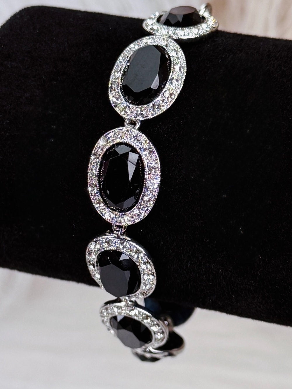 Vintage Monet Silvertone black bling bracelet